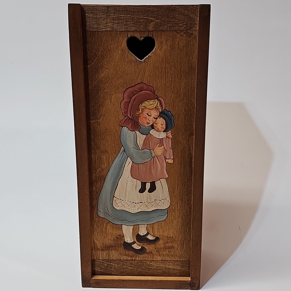 Beautiful Vintage Handpainted Prairie Girl+Doll Wooden Keepsake Box, Sliding Lid